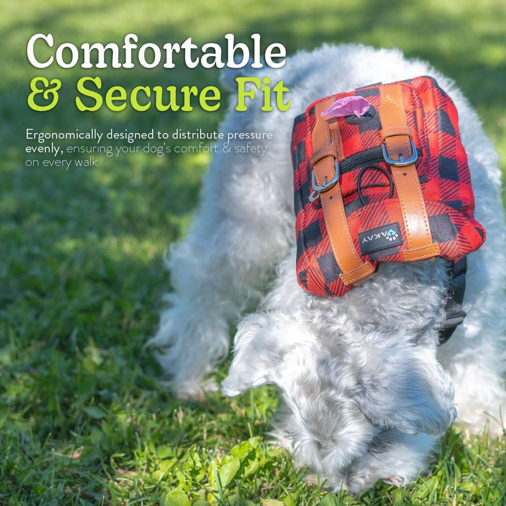 AKAY plaid dog backpack detailing the integrated poop bag pocket dispenser