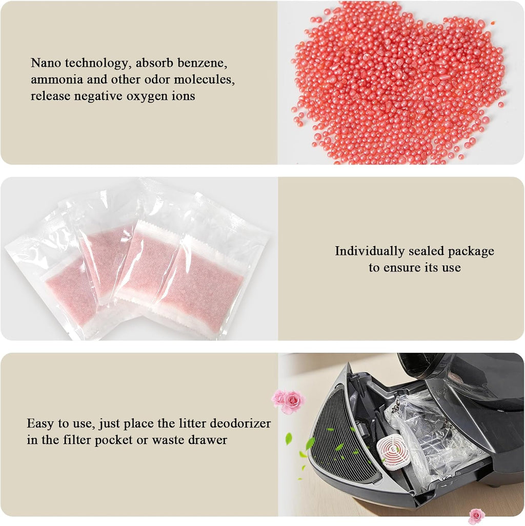 Tea bag style pet safe odor eliminator refills for automatic litter box setups