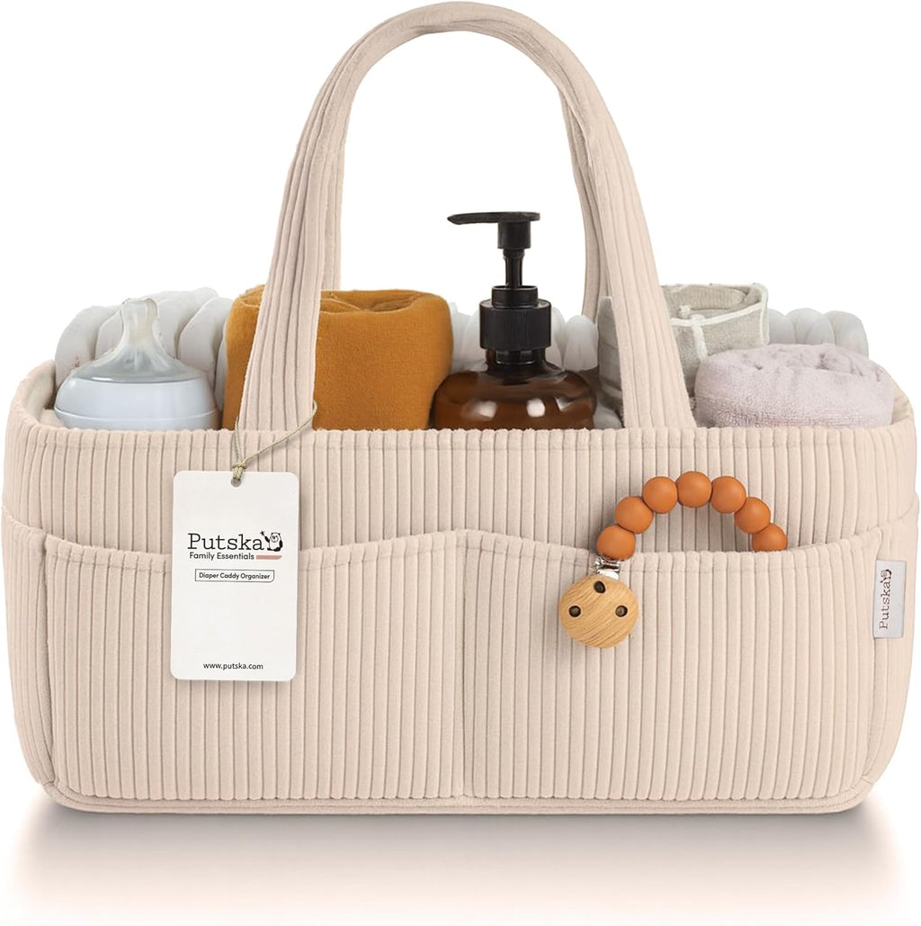 Putska baby diaper caddy front view in corduroy cream