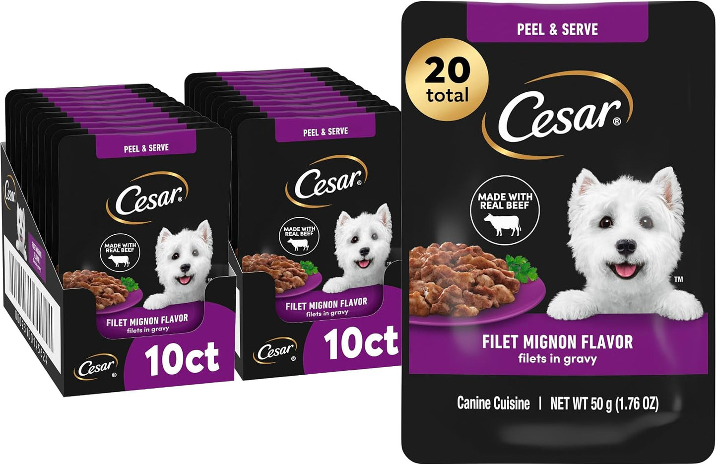 Cesar Filets in Gravy Wet Dog Food Filet Mignon Flavor and Rotisserie Chicken Flavor Variety Pack, Wet Food for Dogs, 1.76 oz. Mini-Pouches, 20 Count (Pack of 2) - Image 13
