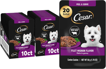 Cesar Filets in Gravy Wet Dog Food Rotisserie Chicken Flavor, Filet Mignon Flavor, and Wood-Grilled Chicken Variety Pack, Wet Food for Dogs, 1.76 oz. Mini-Pouches, 40 Count - Image 14