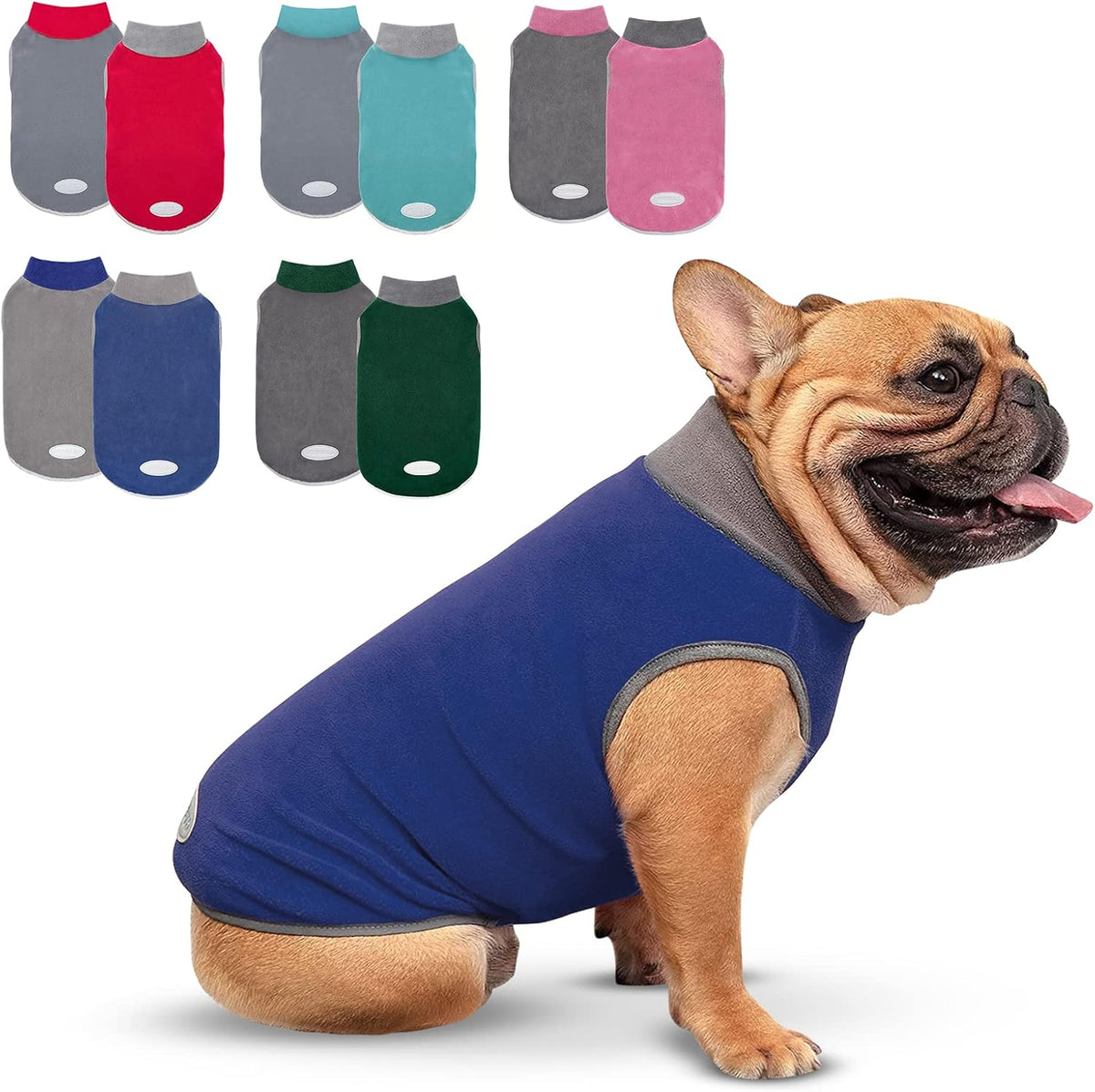Cyeollo fleece dog sweater pack front view showing navy and grey pullover jackets