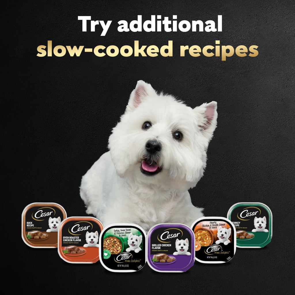 Cesar adult wet dog food three point five ounce easy peel trays side profile view.