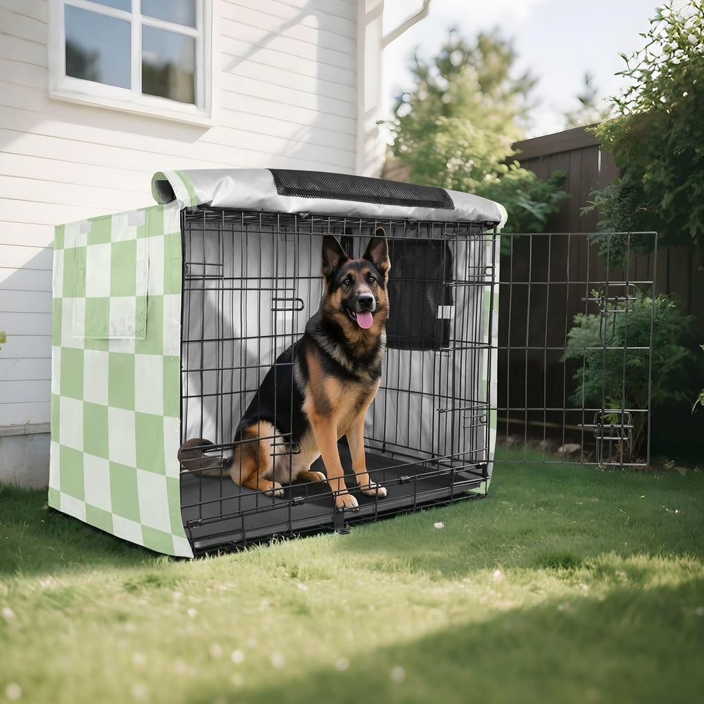 Premium imported dog crate privacy blind showing adjustable ventilation flap.