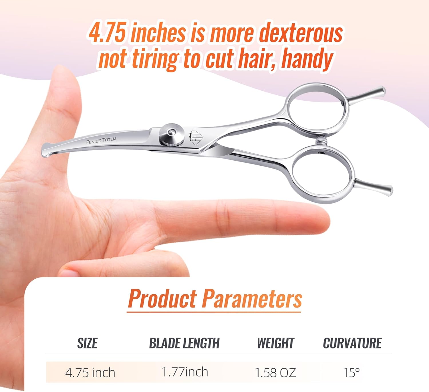 Prominent tension adjustment screw on the 4.75 inch dog trimming scissors.