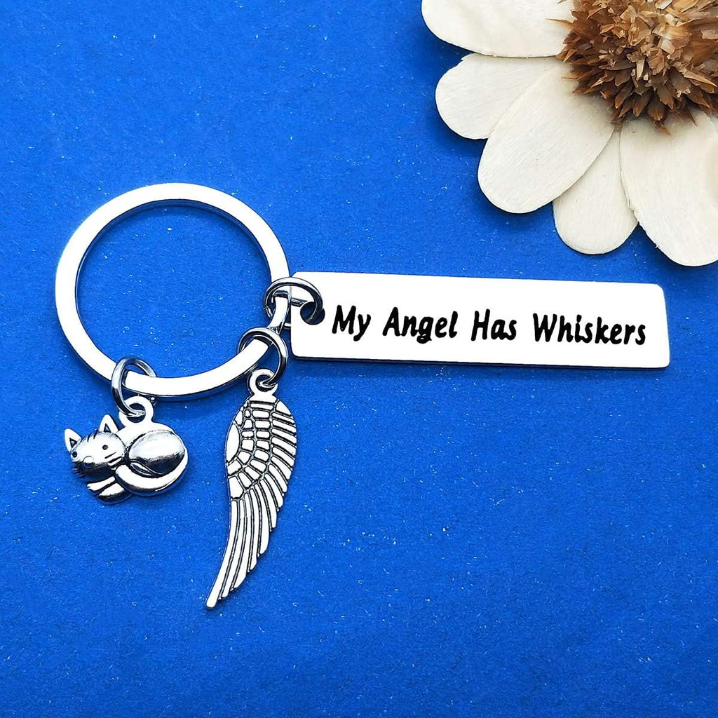 Stainless steel My Angel Has Whiskers keyring detail