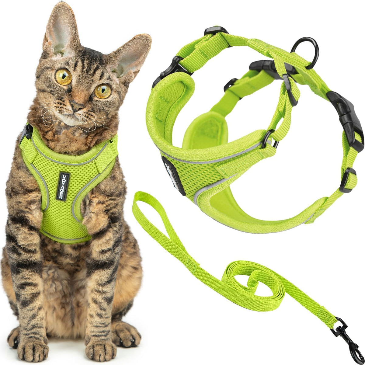 Best Pet Supplies Voyager cat harness front view lime green escape proof mesh