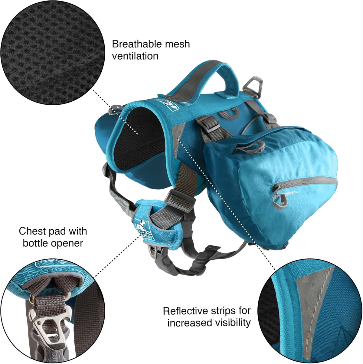 Adjustable dog saddlebag pack with dual side pockets for hiking