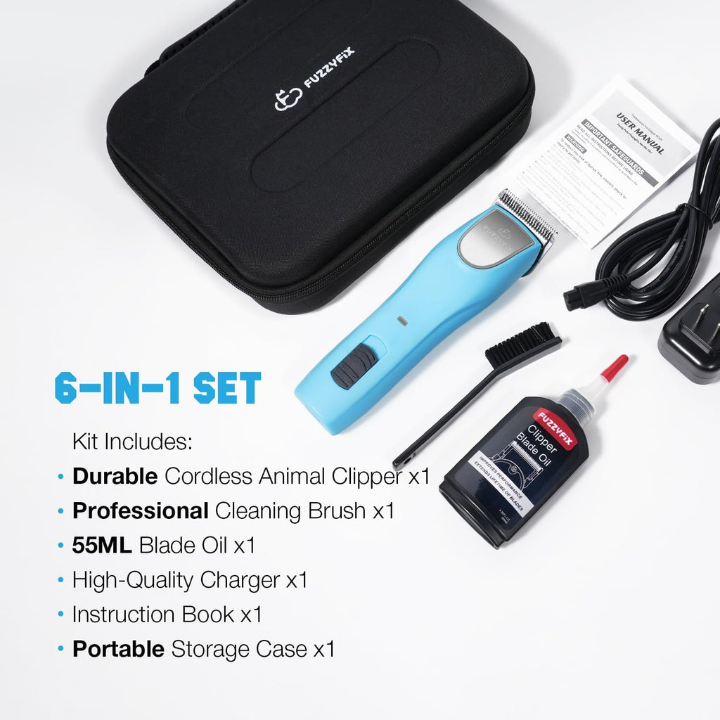 FuzzyFix professional pet grooming kit showing the complete contents including charging cable and blade oil.