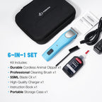 FuzzyFix professional pet grooming kit showing the complete contents including charging cable and blade oil.