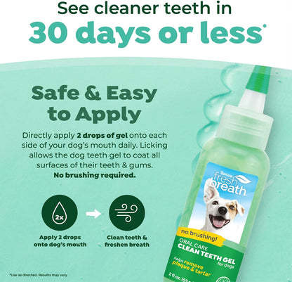Two ounce bottle of TropiClean oral care gel for dogs with mint flavor.