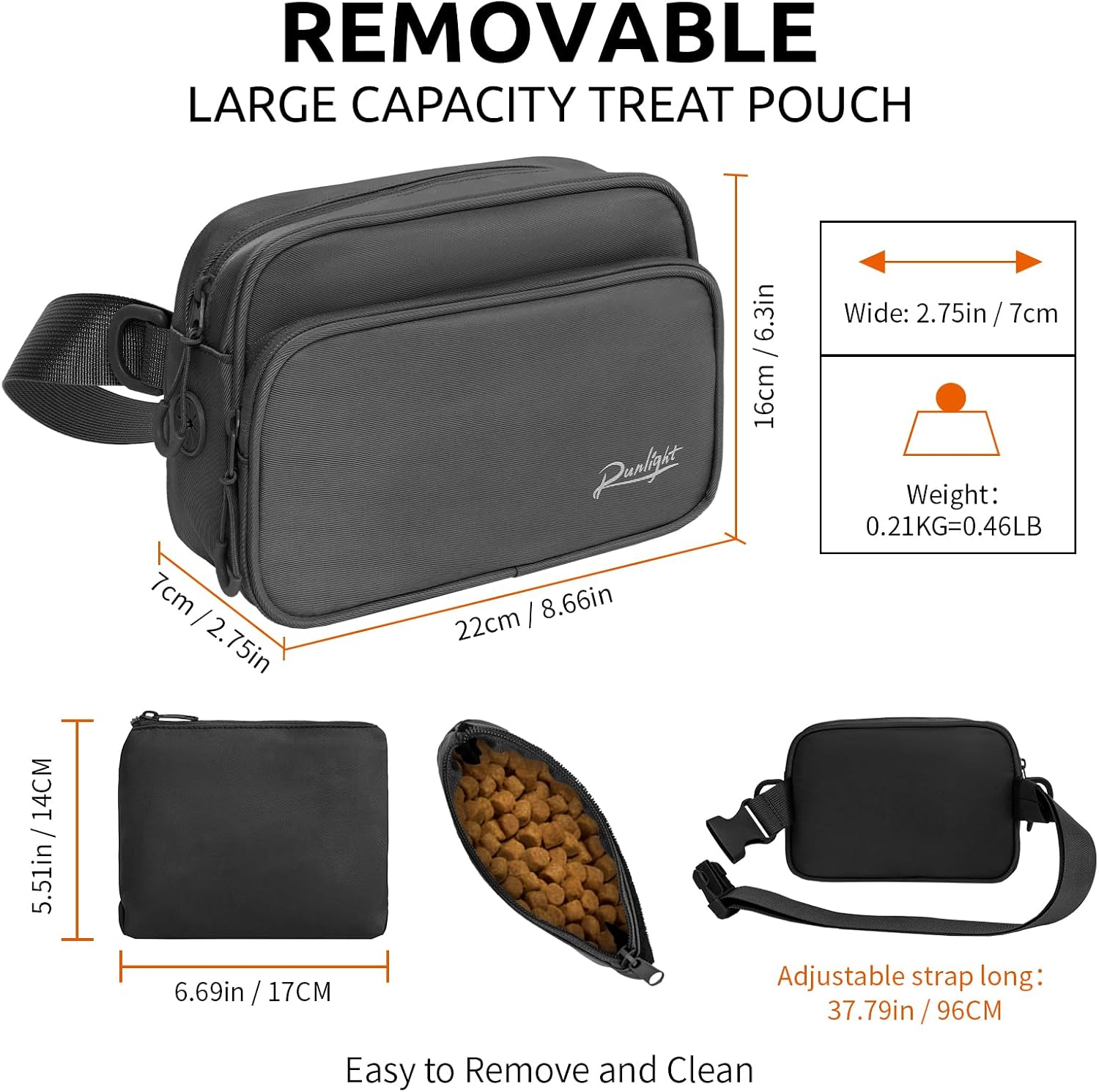 Runlight crossbody dog bag with built in poop bag dispenser close up view