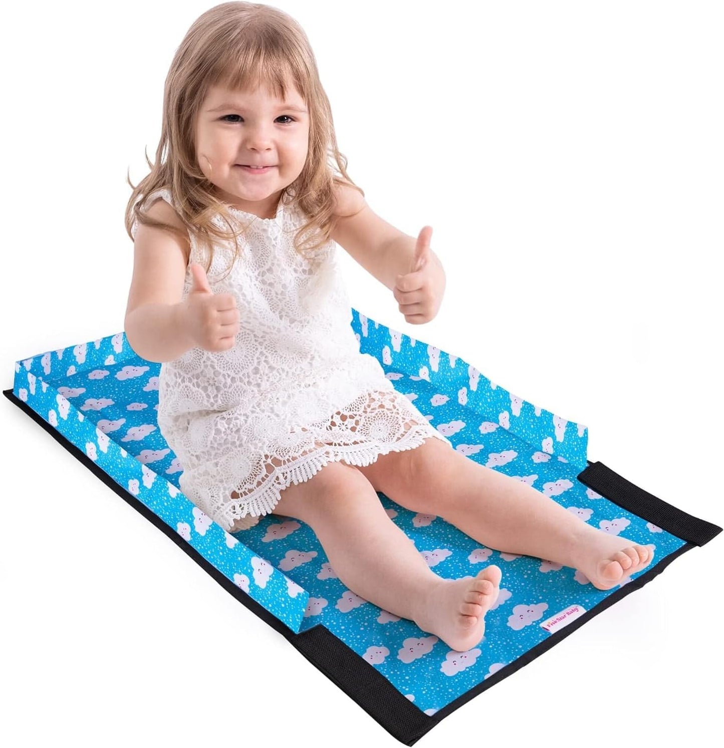 FIVESTARBABY toddler airplane bed front view showing the blue cloud design on an airplane seat.