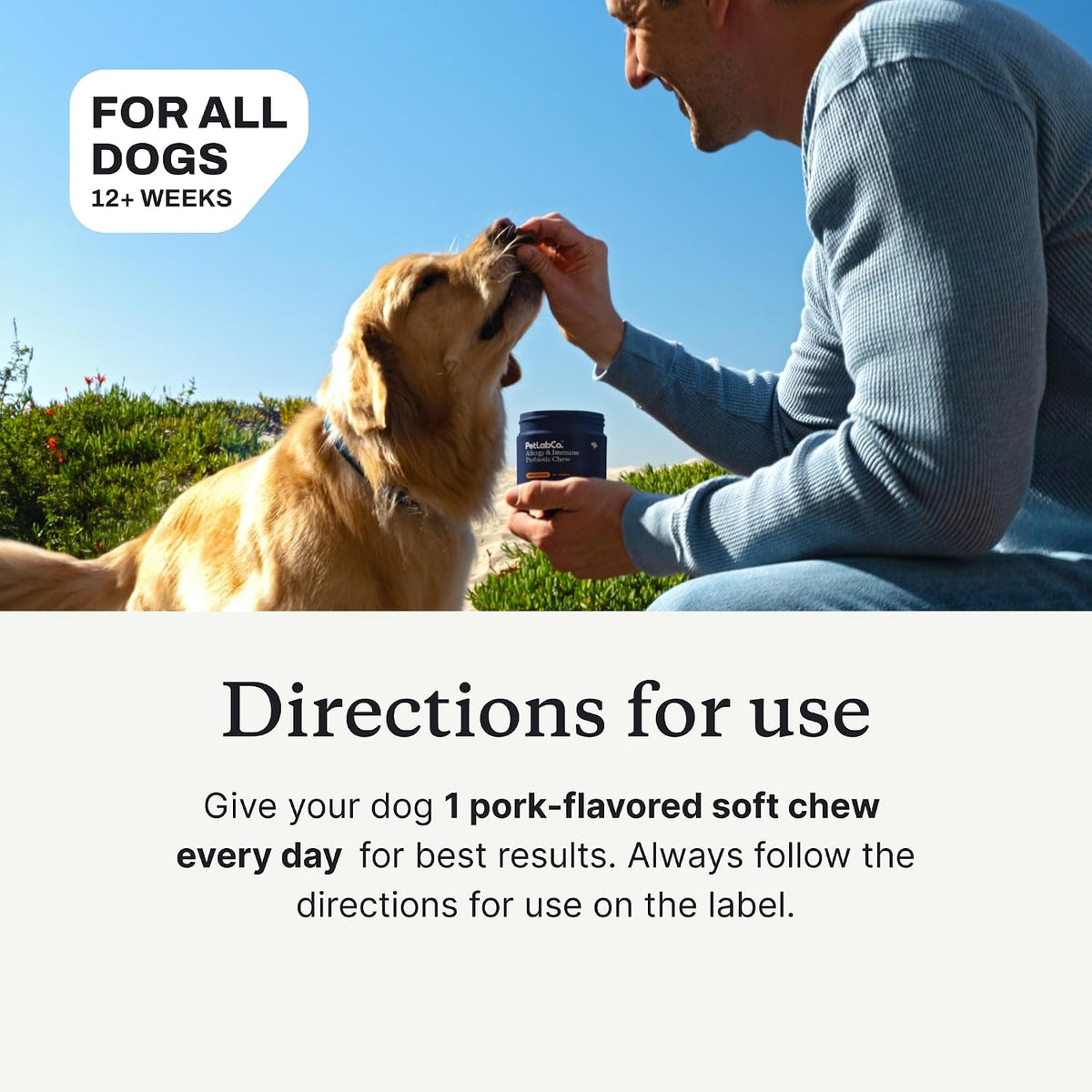 PetLab Co. probiotic chews highlighting yeast control and gut flora benefits