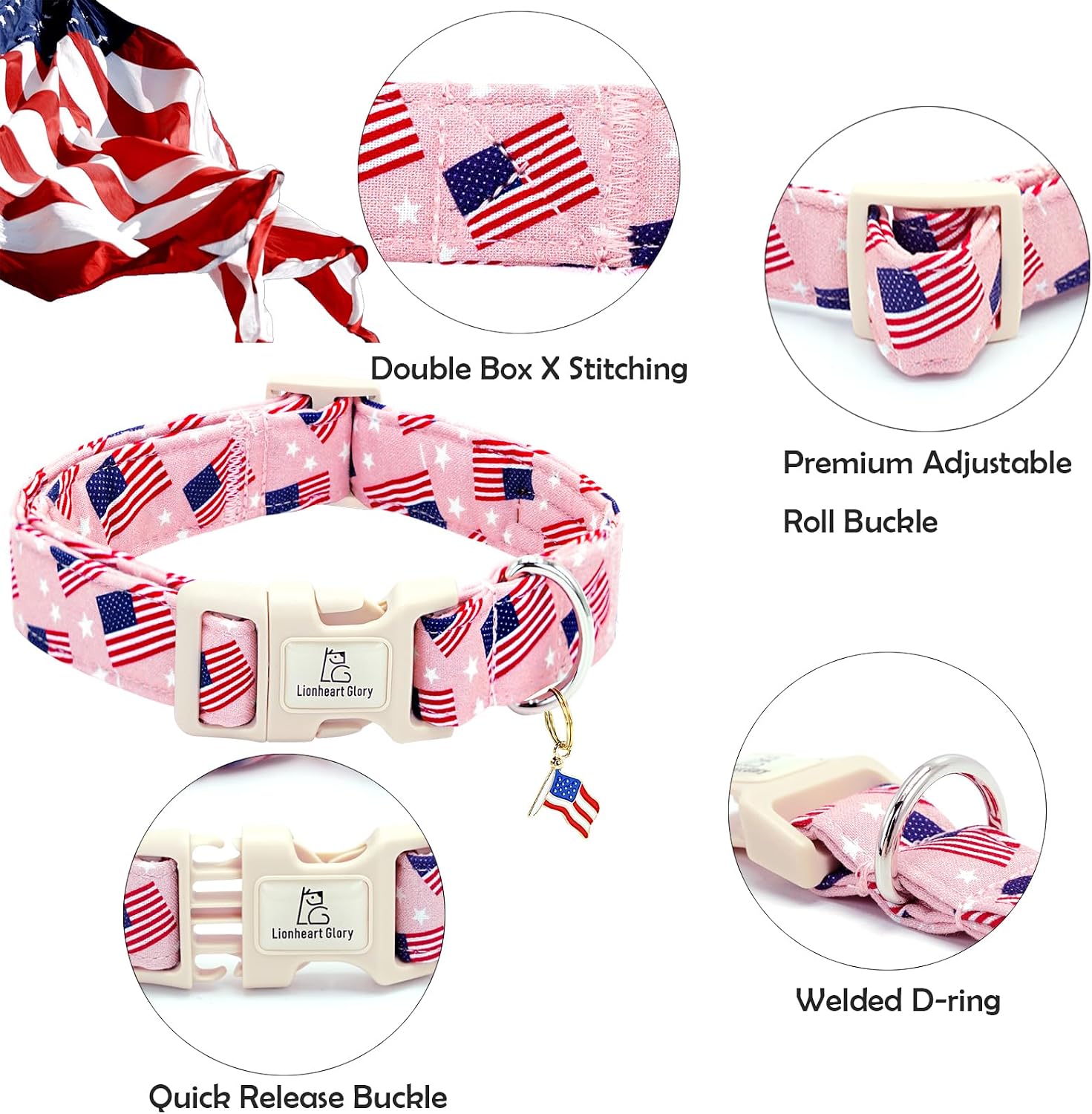 Close up of patriotic dog collar cotton texture