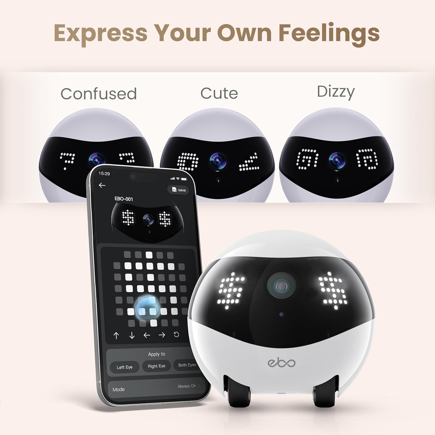 Close up of Enabot EBO Air 2 customizable LED eyes