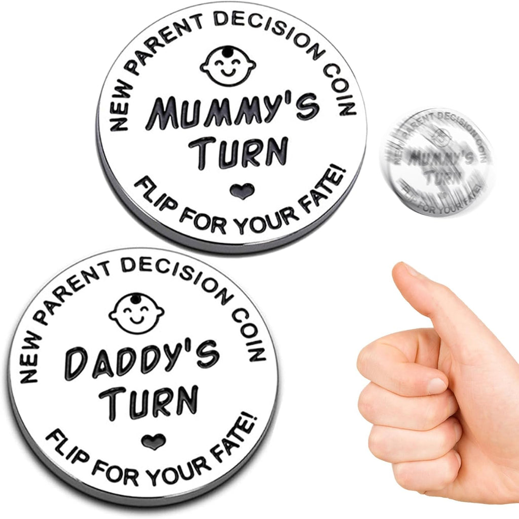Vichona new parents funny decision coin front view showing deep engraving on stainless steel surface