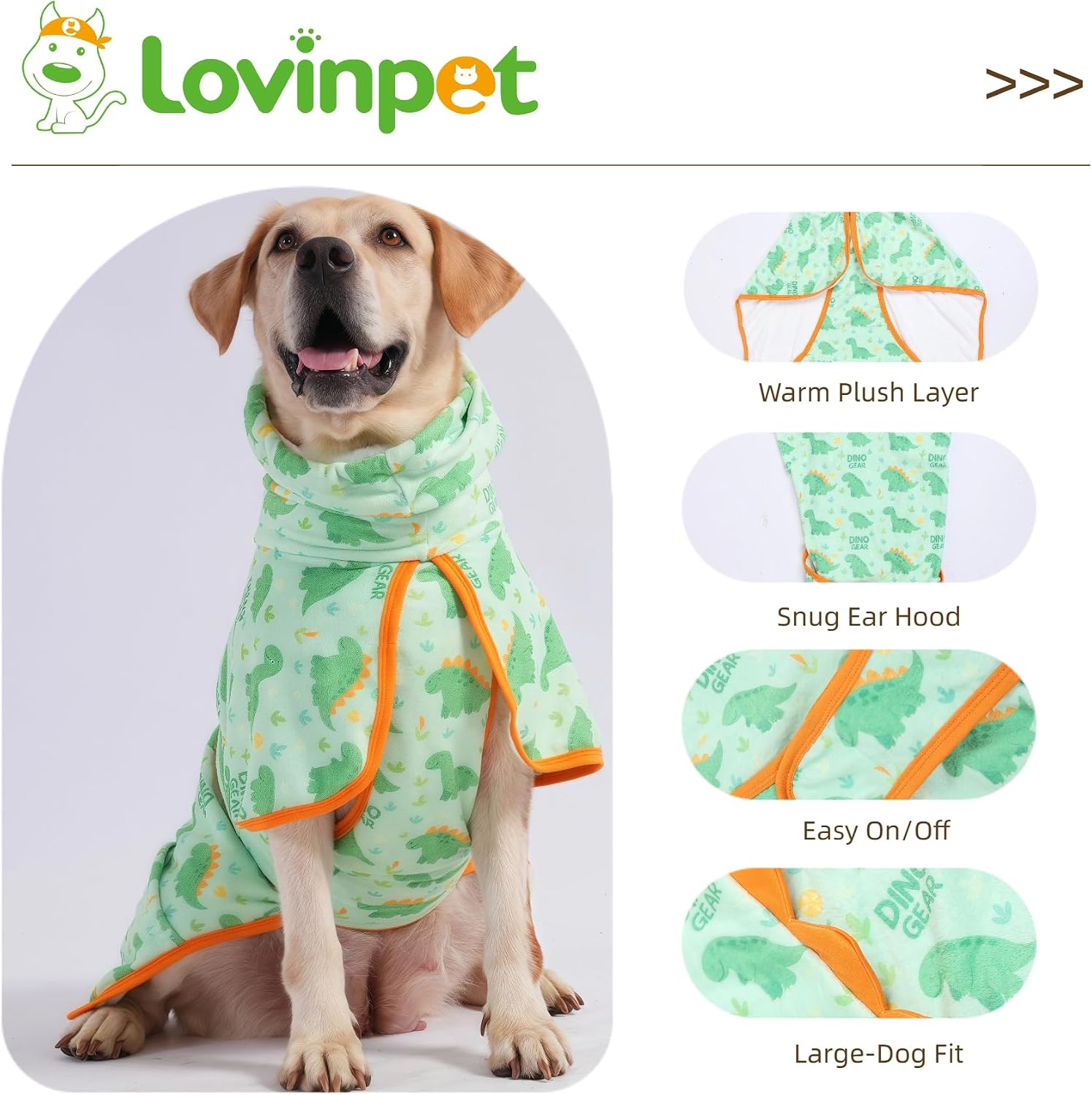 LovinPet 3in1 Dog Warm Winter Coat & Bathrobe, Hooded Dinosaur Fleece, Lightweight HighLoft, Absorbent Knit, Quiet HookandLoop, WindBlocking Edges, Dog Robes for Medium & Large Dogs, Green,M - Image 9