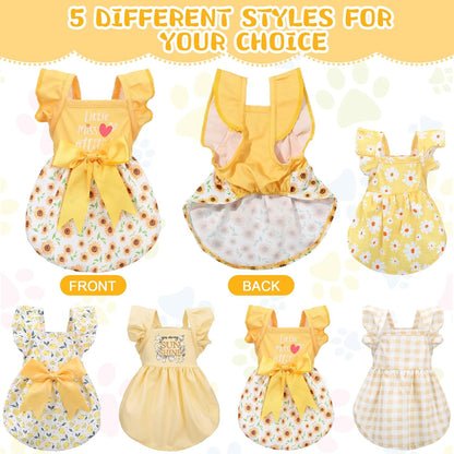Abbylike small pet clothes set displaying the daisy and plaid bowknot designs.