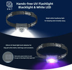 Hands free ultraviolet blacklight headlamp illuminating pet urine stains on a living room carpet