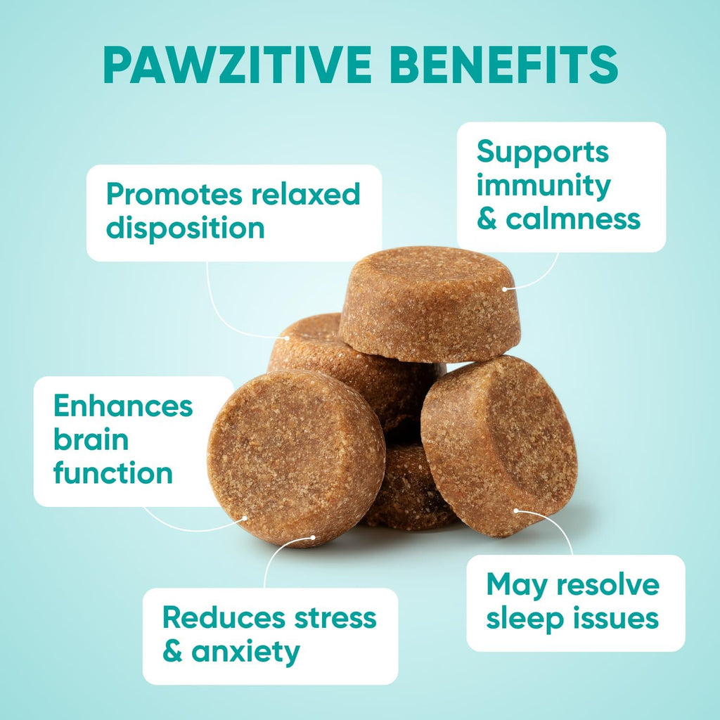 Back label of Pawzitive Pets calming treats outlining weight based feeding instructions for dogs