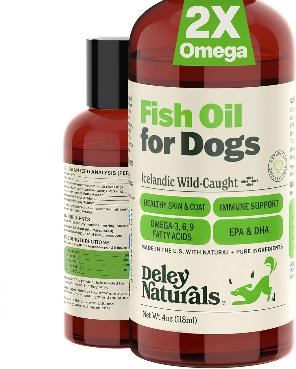 Side view of Deley Naturals dog nutritional supplement emphasizing brain heart and joint health benefits