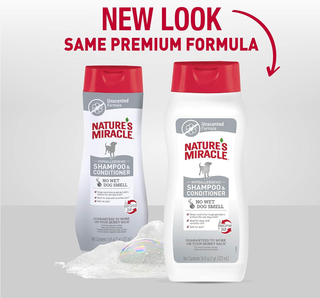 Back label of Nature's Miracle dog wash detailing directions for use and pH balanced ingredients.
