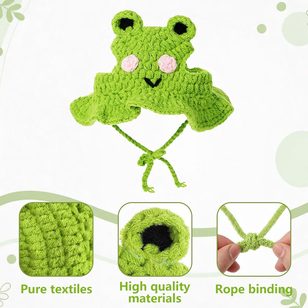 Cat wearing frog costume hat with chin ties