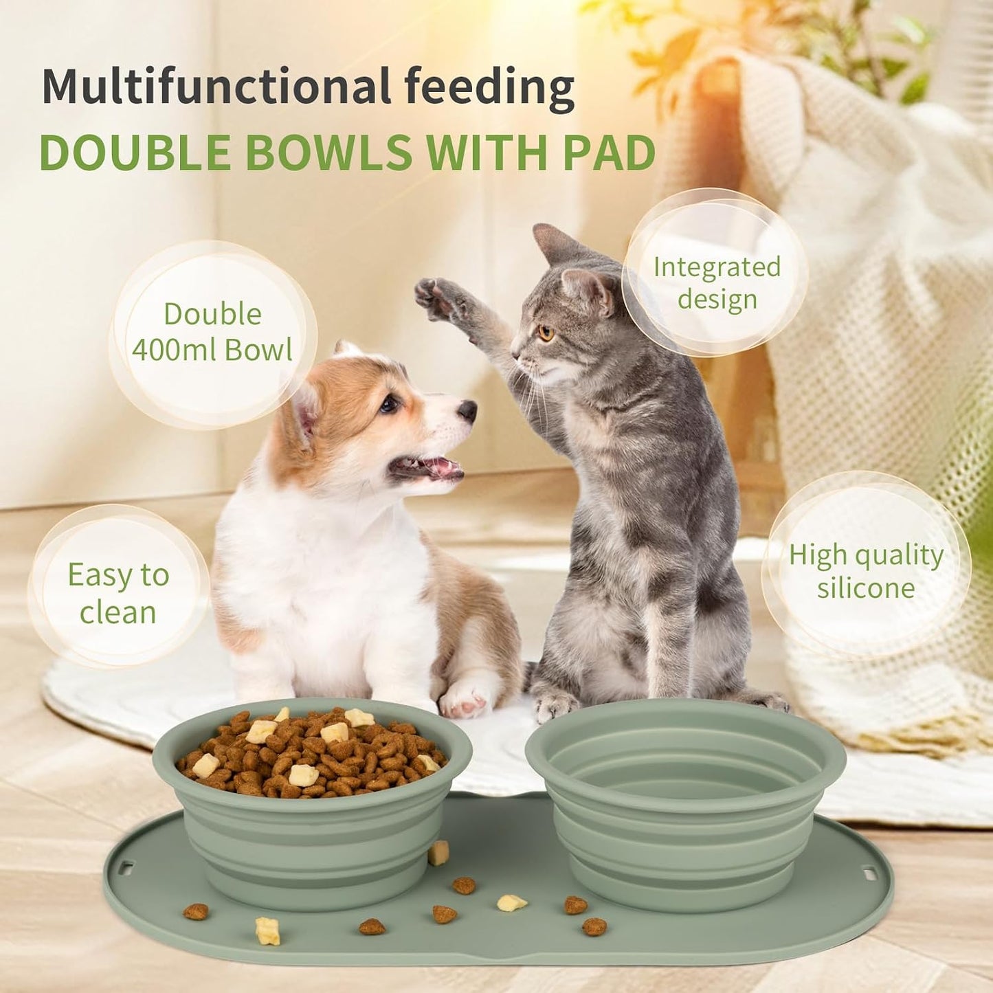 Silicone double pet feeder with slow feeding mat side view