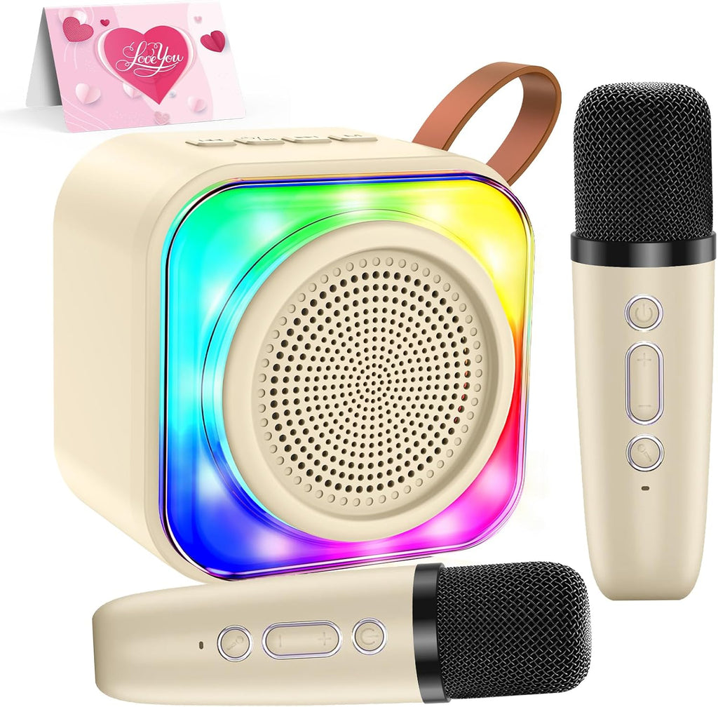MicQutr mini karaoke machine for kids front view showing cream colored speaker and dual wireless microphones