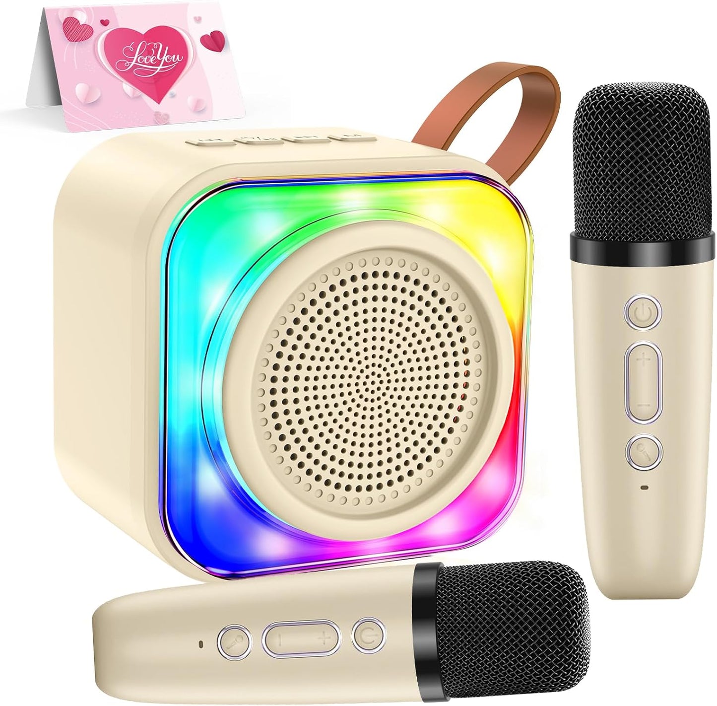 MicQutr mini karaoke machine for kids front view showing cream colored speaker and dual wireless microphones