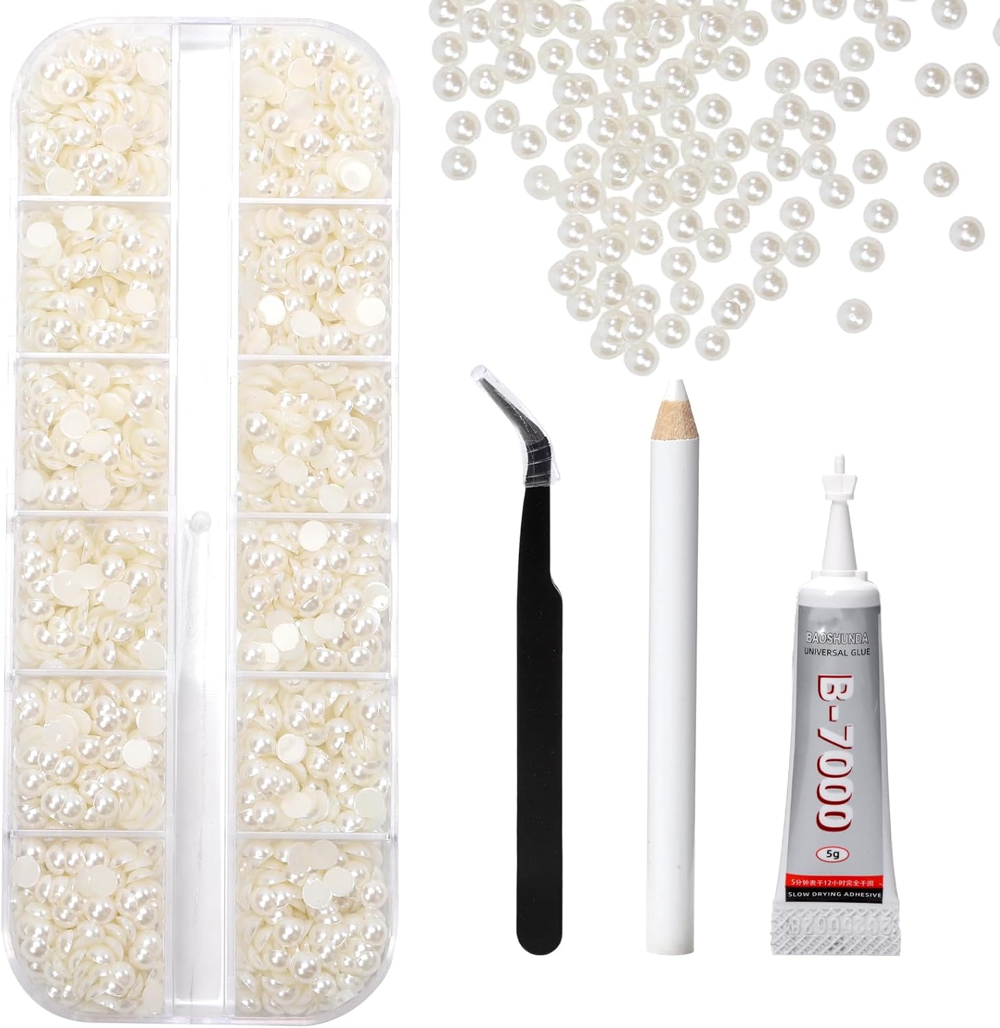 Pyrasis 12-grid beige pearl nail charm set front view