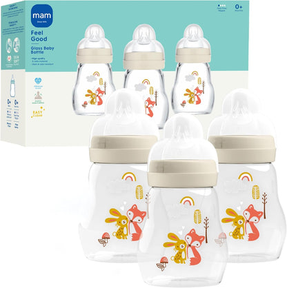 MAM Premium Glass Wide Neck Baby Bottle 3 Pack front view showing the clear borosilicate glass body and silicone nipple.