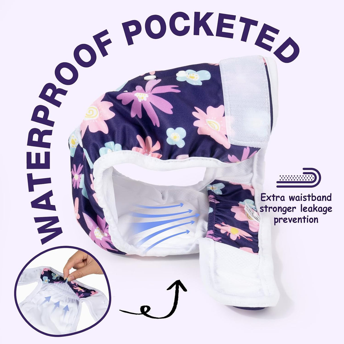External magic tape closure mechanism on Pet Soft washable puppy diapers.