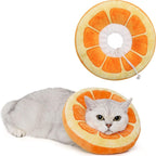 Anwa cat cone collar front view featuring soft orange fruit pattern