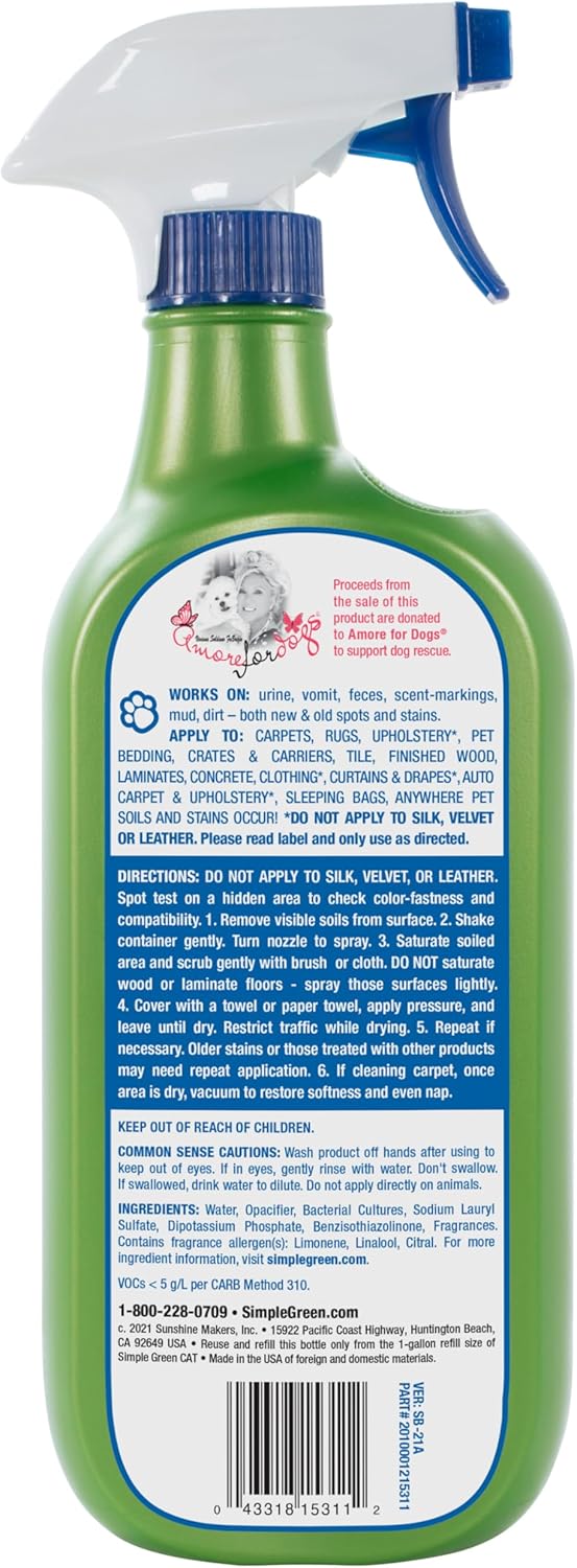 Simple Green pet cleaning spray bottle back label details