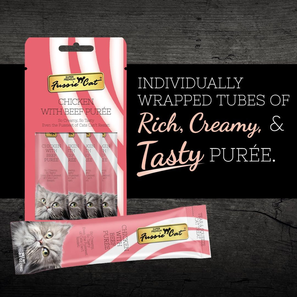 Fussie Cat Chicken and Beef creamy cat treat pouch packaging