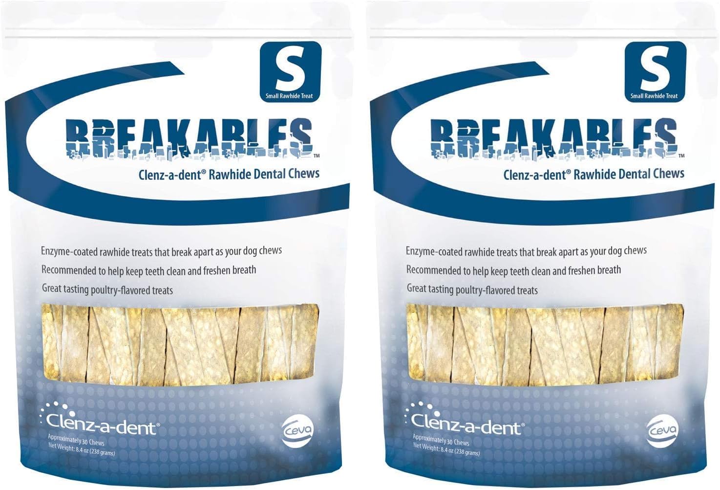 Close up look at poultry flavored dual enzyme coated break apart dog dental treats for small breeds