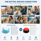Golden retriever puppy pressing a clear audio pet training button