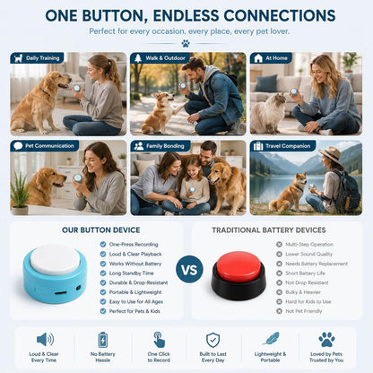 Golden retriever puppy pressing a clear audio pet training button