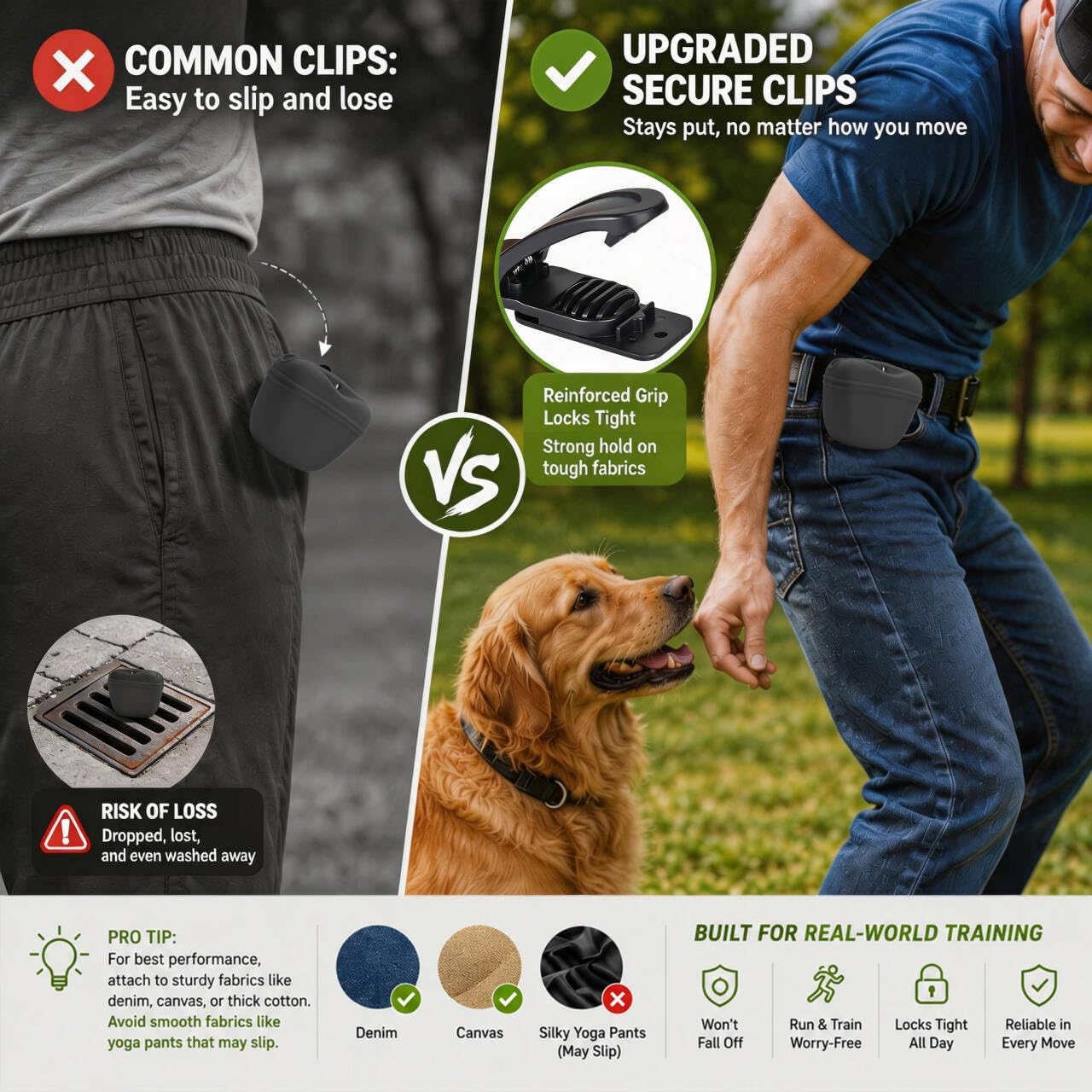 Hands free pet training pouch with magnetic buckle closure opened by one hand