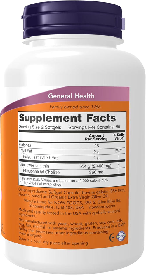 NOW Foods soy free non GMO sunflower lecithin softgels supplement facts label details