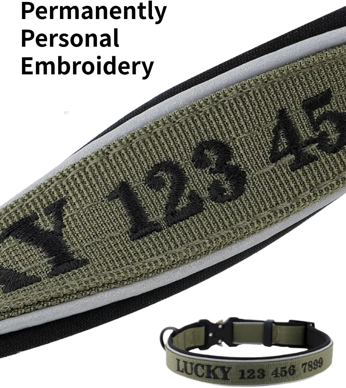 Close up of Indink reflective dog collar stitching and metal buckle