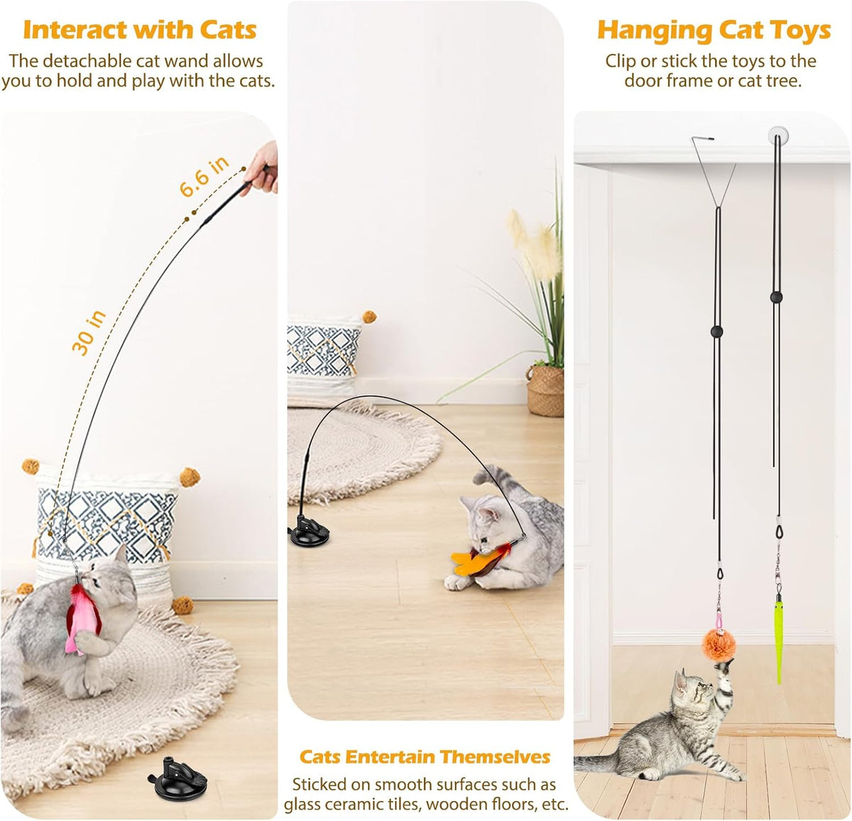 HOSFROLL 3 in 1 cat wand toy with hanging door clip and elastic rope