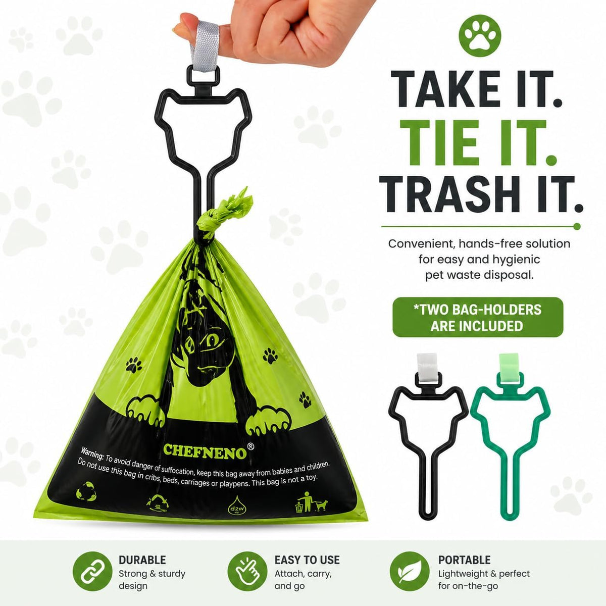 Demonstration of the thick tear resistant material of the nine by thirteen inch waste bag.