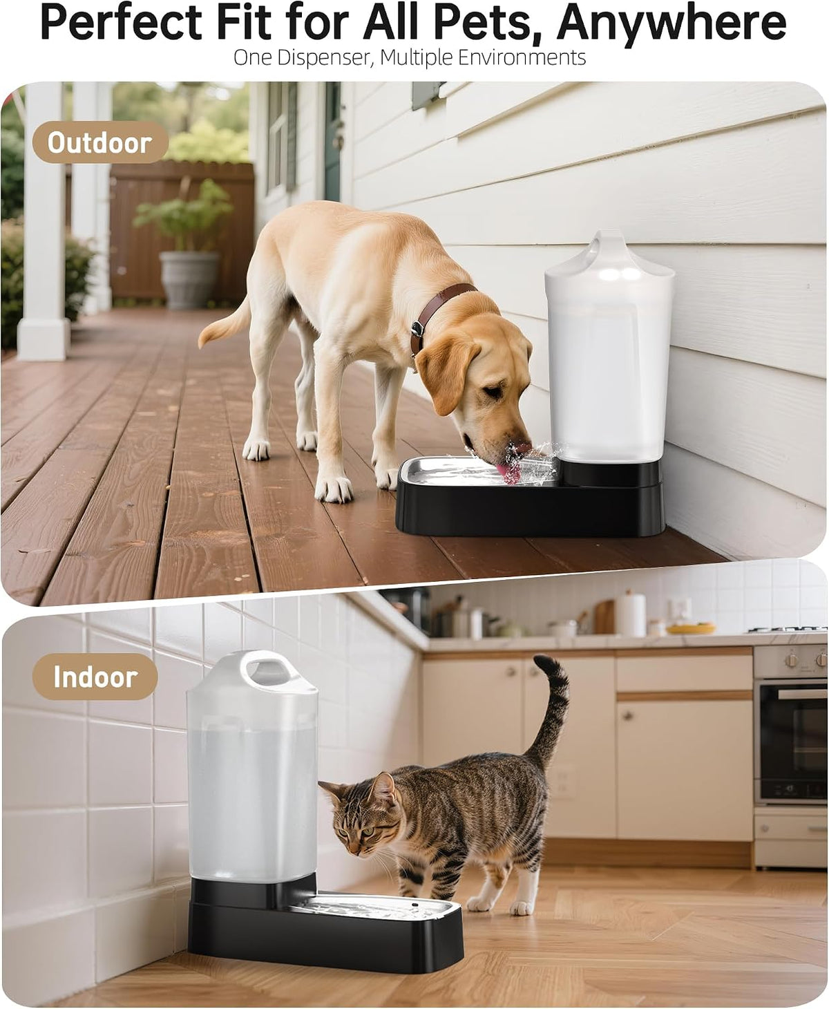 Authentic USA imported lesotc automatic pet waterer placed on a kitchen floor for large breed dogs.