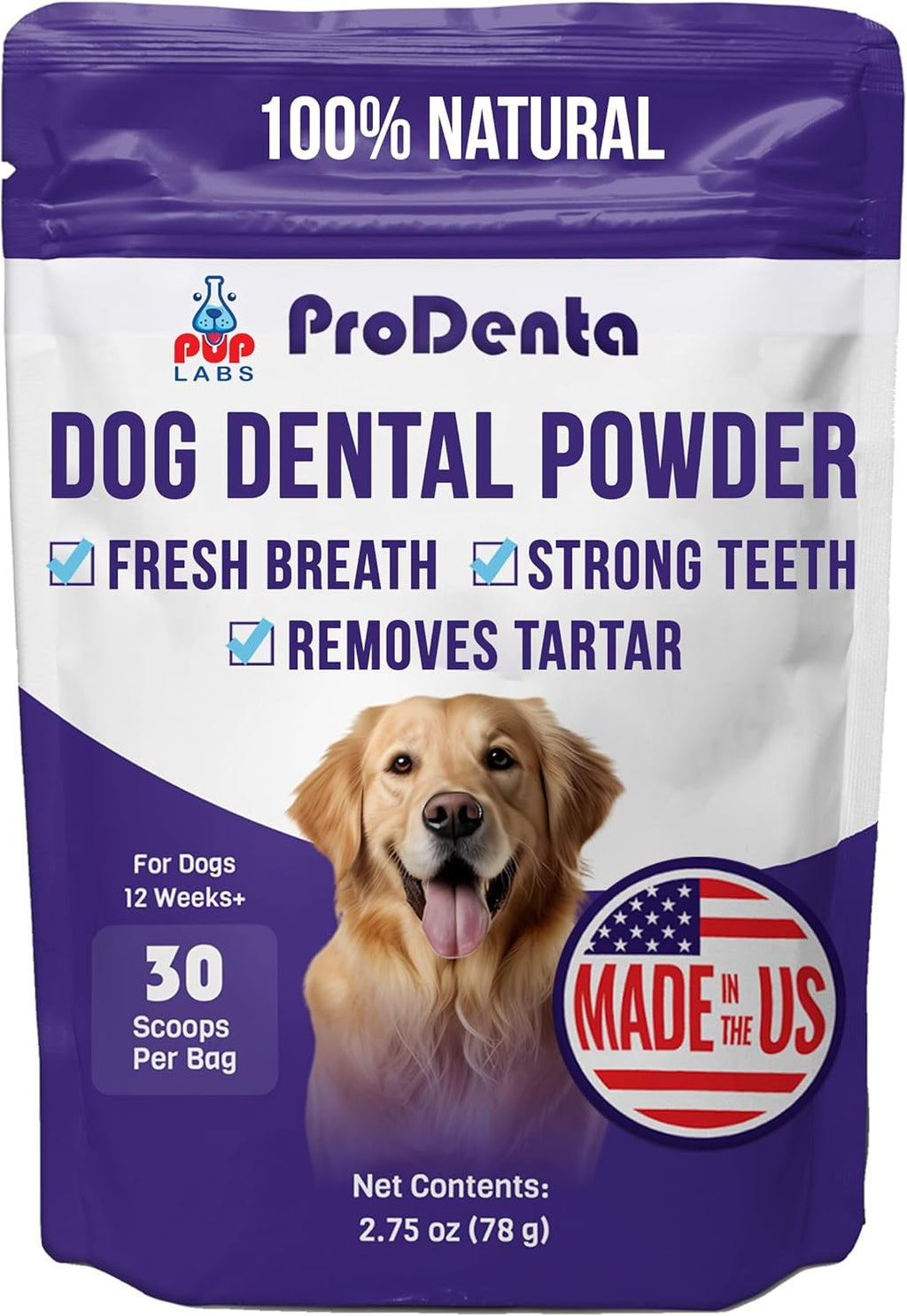 Pup Labs ProDenta packaging showcasing 30 servings for canine oral care