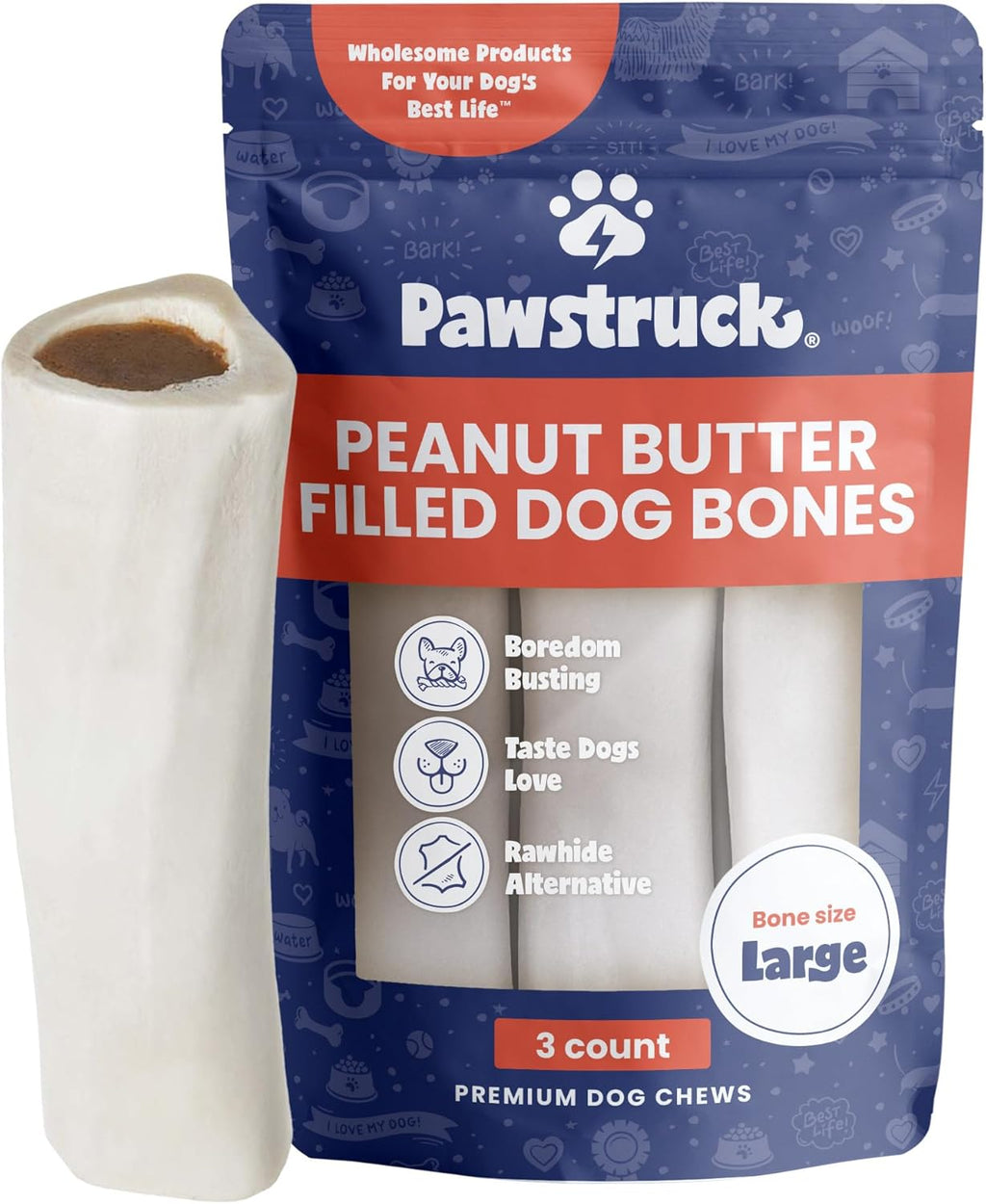 Pawstruck Large 5-6" Filled Dog Bones Variety Pack - Peanut Butter, Cheese & Bacon, Beef Flavors - Made in USA, Long Lasting Stuffed Femur Treat for Aggressive Chewers - Pack of 3, Packaging May Vary - Image 11