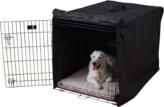 K9 Ballistics Tough Dog Crate Cover forty two inch black front view on a wire kennel.