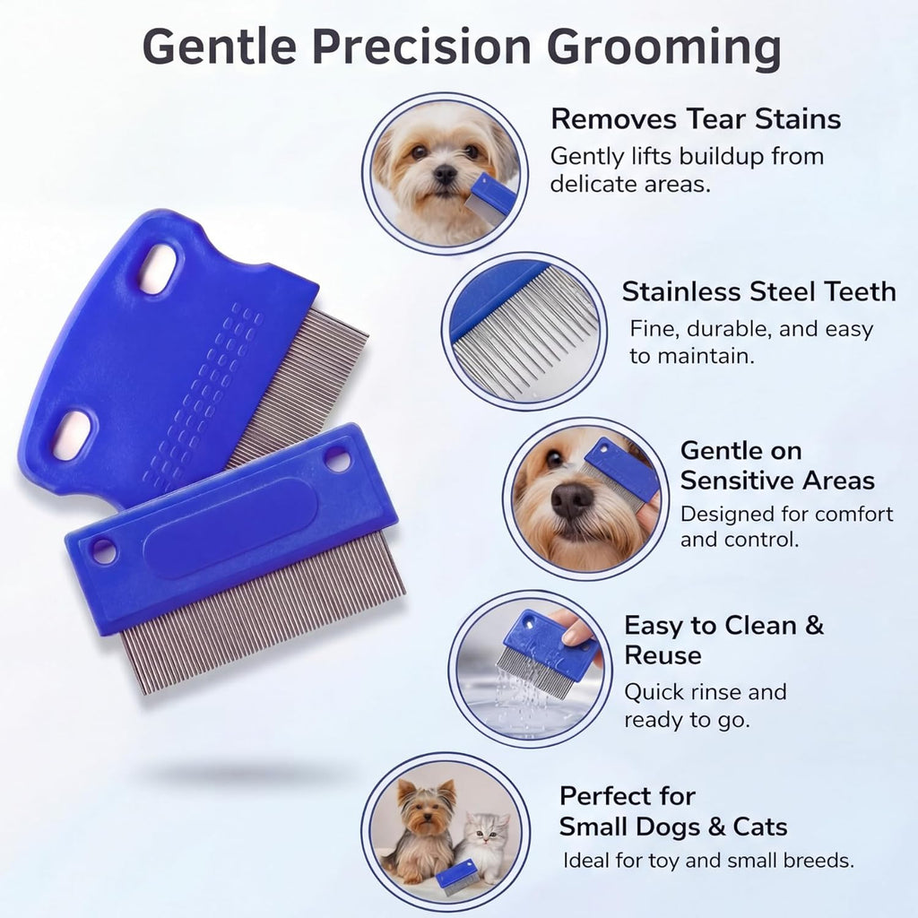 Stainless steel eye grooming comb with rounded teeth lifting crust from a dog's face.